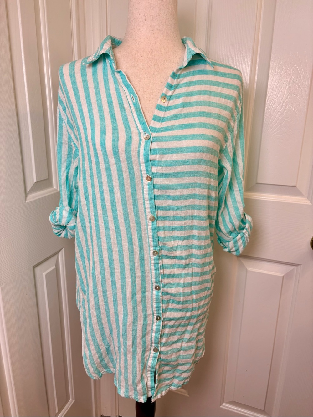 TAHARI Aqua White Striped Linen Blend Shirt Dress Small